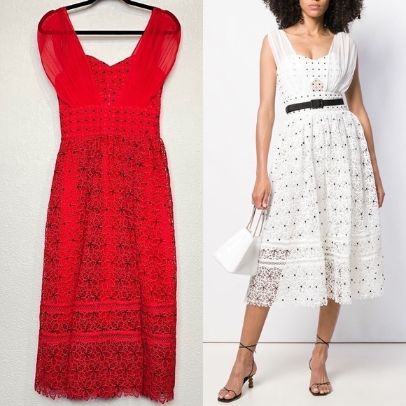 SELF-PORTRAIT Floral Crochet Lace Sweetheart Neck Sleeveless Fit & Flare Dress 4 - Picture 3 of 12